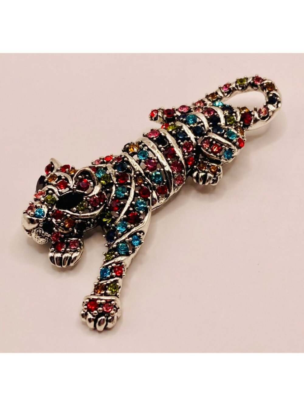 Colorful Rhinestone Tiger Brooch Pin Silver-Tone Metal Multicolor Crystals -112B